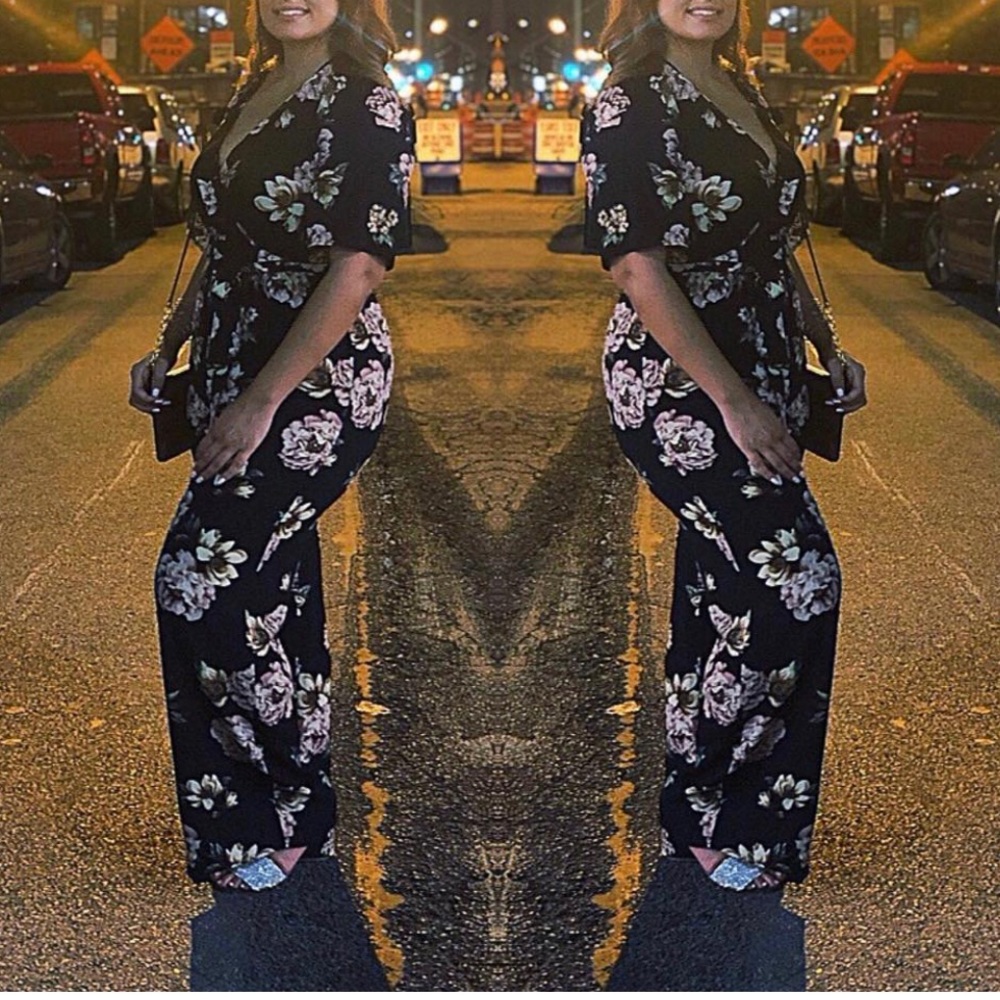 Trixxi Black Floral 3/4 Sleeve VNeck Wrap Jumpsuit